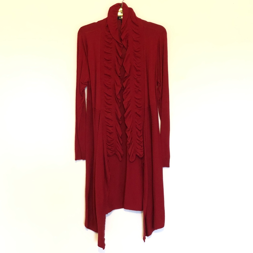 Deep Red Ruffle Front Knee-Length Cardigan- Sz XL